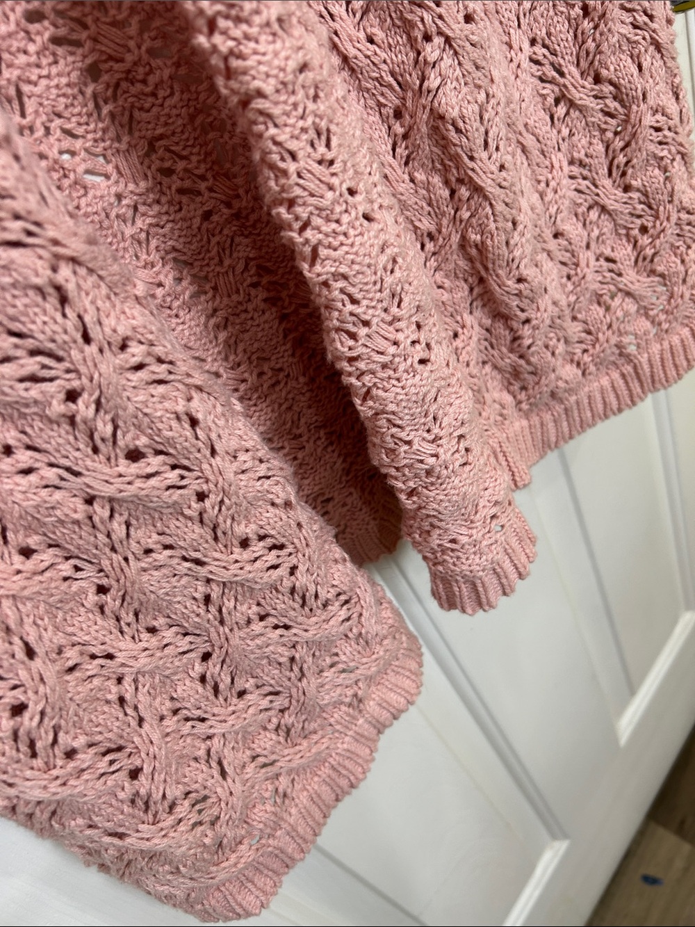 Leo & Nicole Dusty Pink Open-Front Lace Knit Cotton Blend Cardigan - Picture 7 of 10